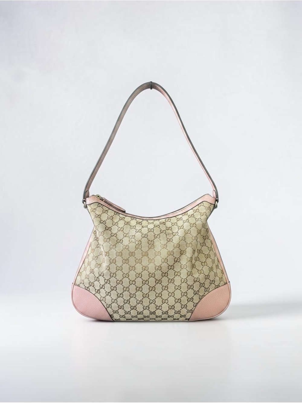 Gucci Bree Medium GG Supreme Hobo Bag Pink Leather Trim Authentic